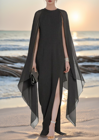 Robe cape asymétrique en mousseline de soie noire à la mode pour l'été AH372