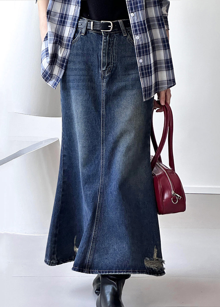 French Blue Hole High Waist Denim Maxi Skirts Fall AF1019