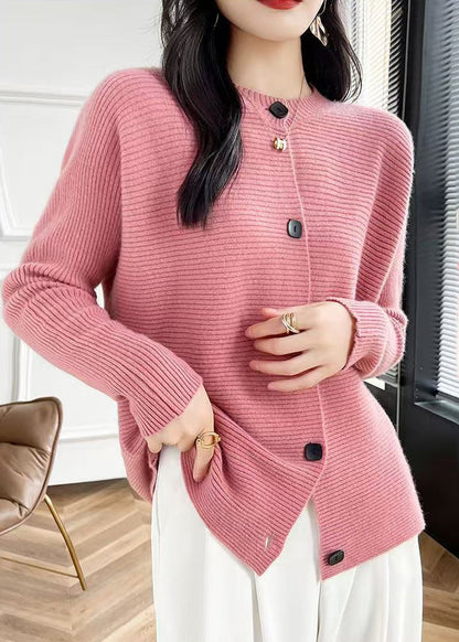 Cardigans en tricot de coton à boutons et col rond rose fin Automne QP046 