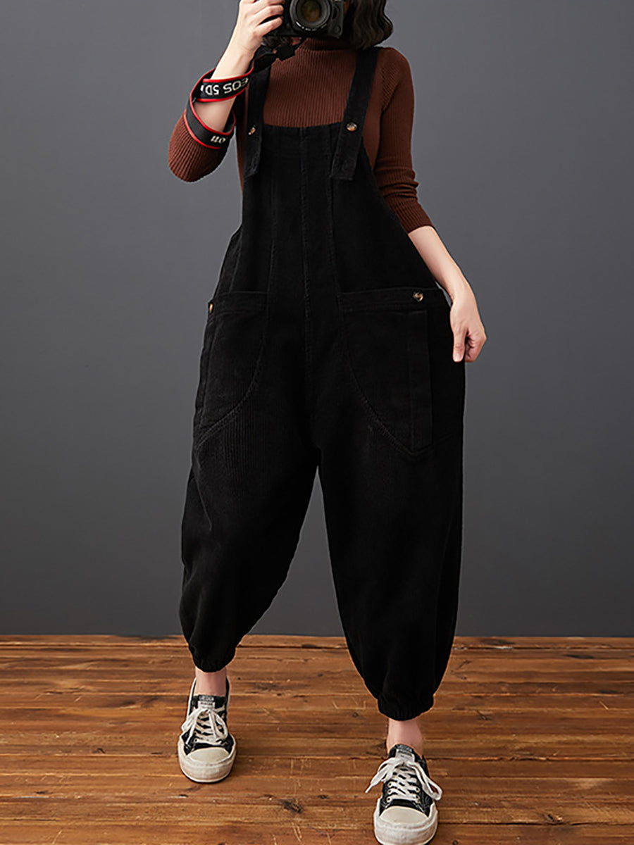 Women Commute Autumn Solid Corduroy Loose Jumpsuits AK1022