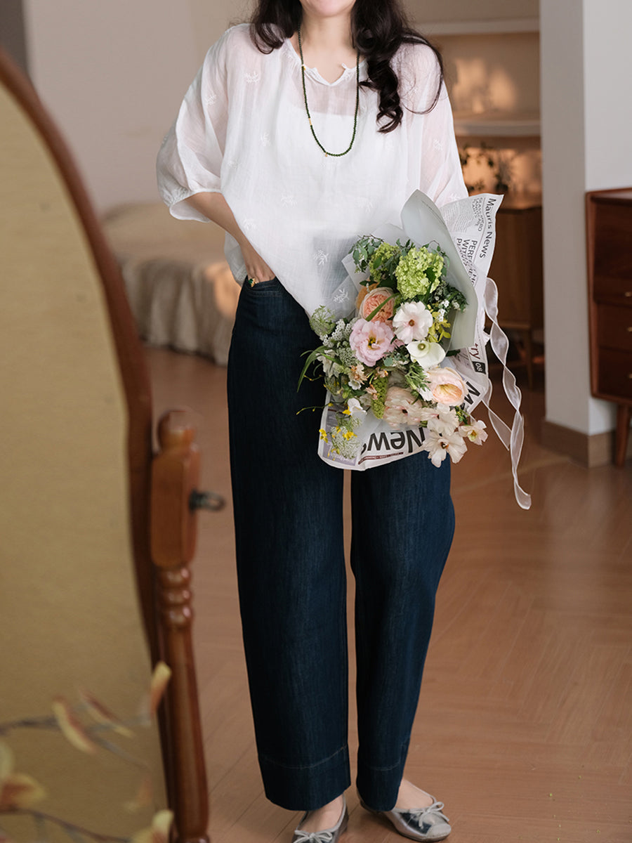 Plus Size Women Summer Embroidery Thin Ramie Shirt XX1030