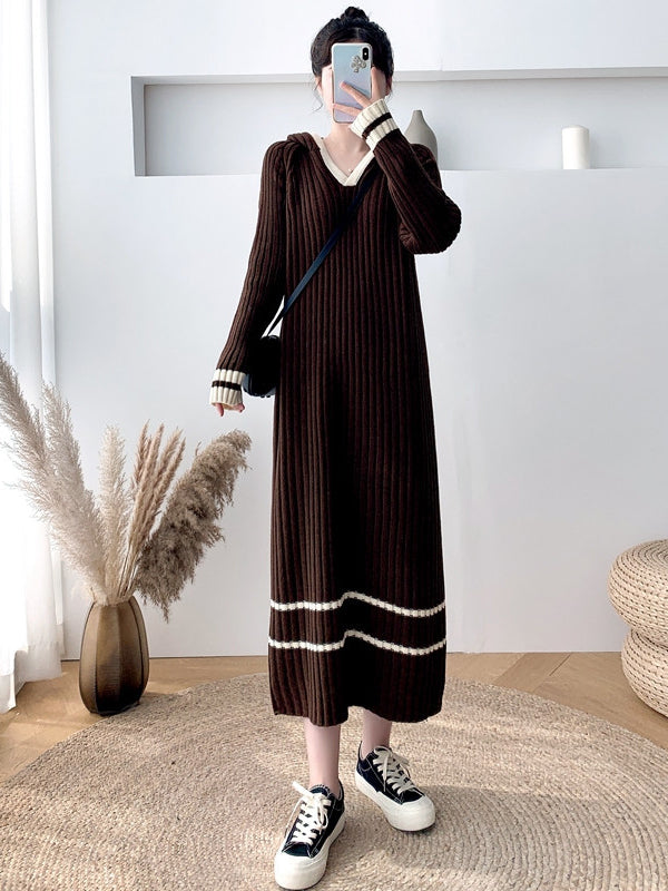 Urban Coffee Hooded V-Neck Long Sleeve Striped Knit Dress AN1051