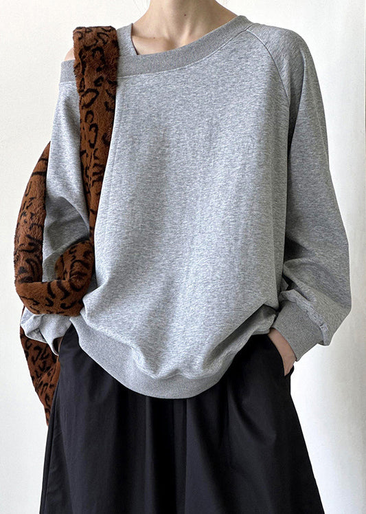 Grey Solid Cotton Top Asymmetrical Long Sleeve AF1078