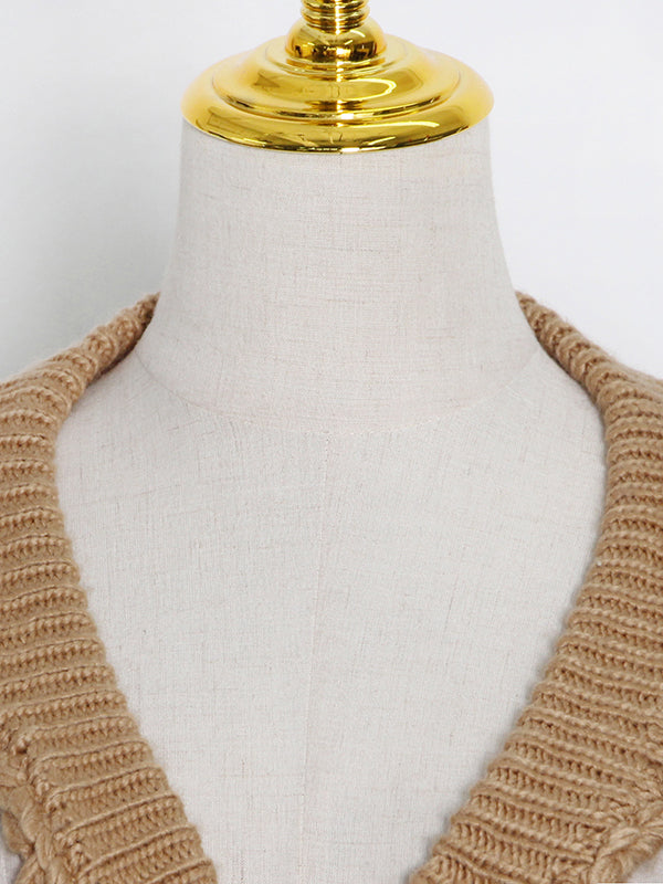 Stylish Khaki V-Neck Hollow Out Long Sleeve Knit Top AN1047