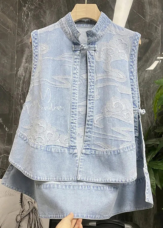 Chinesischen Stil Blau Stehkragen Print Patchwork Low High Design Denim Weste Sommer NN035 