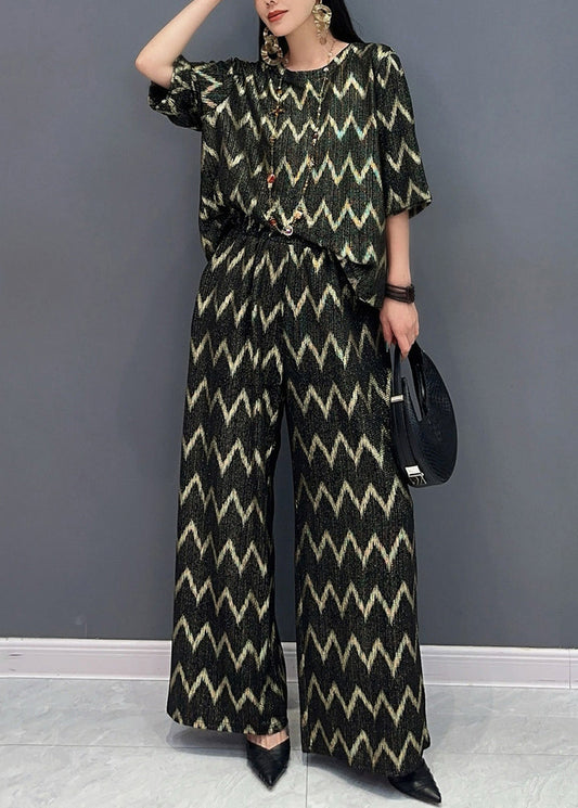 Casual Black Gold O-Neck Print And Wide Leg Pants T Shirt Two Pieces Set Short Sleeve AO1059