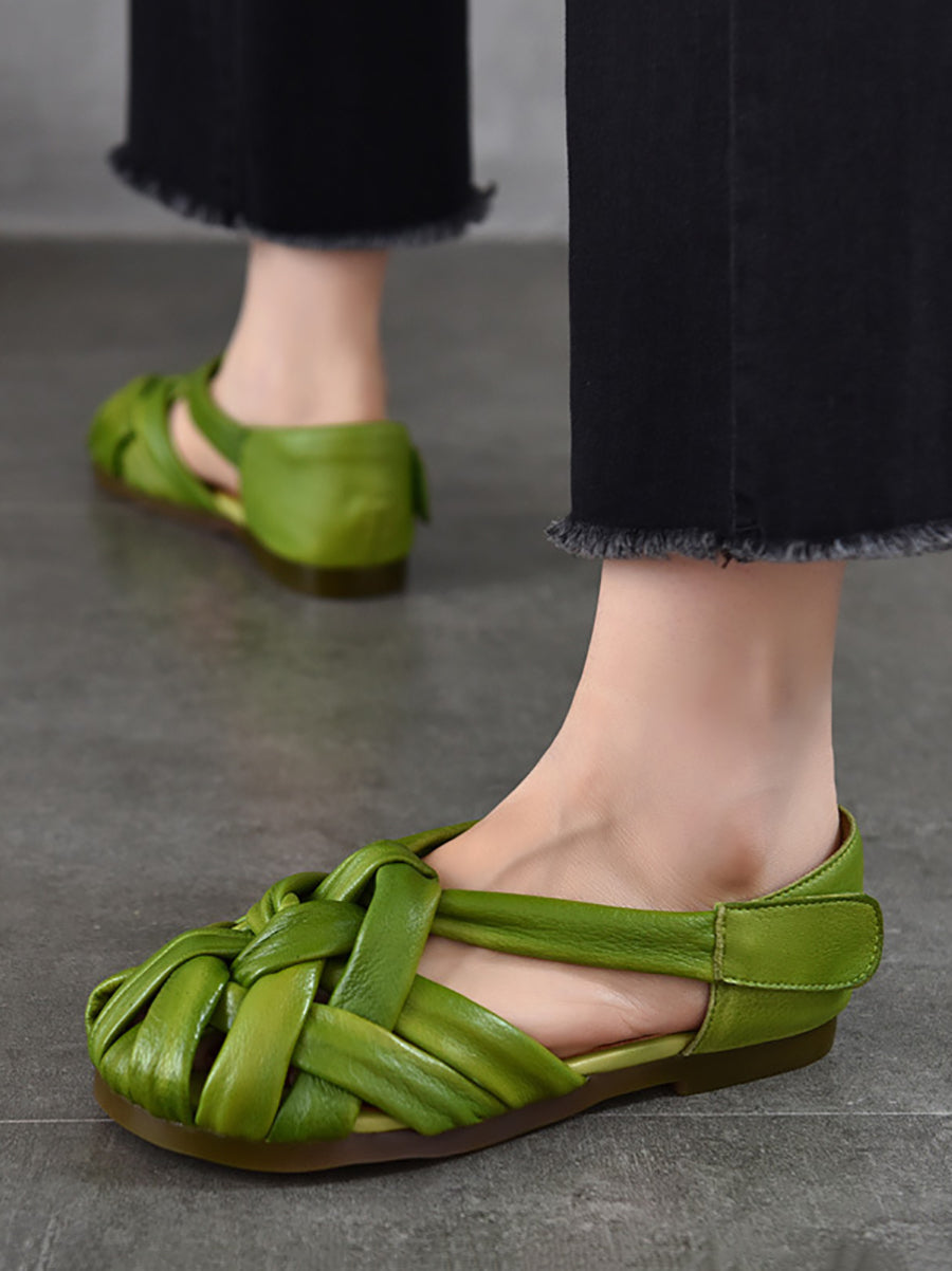 Chaussures plates d'été en cuir véritable tissé pour femmes