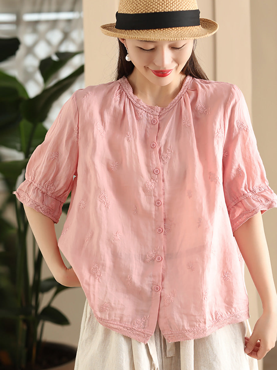 Damen Sommer Vintage Stickerei Button-up Ramie Shirt CX007