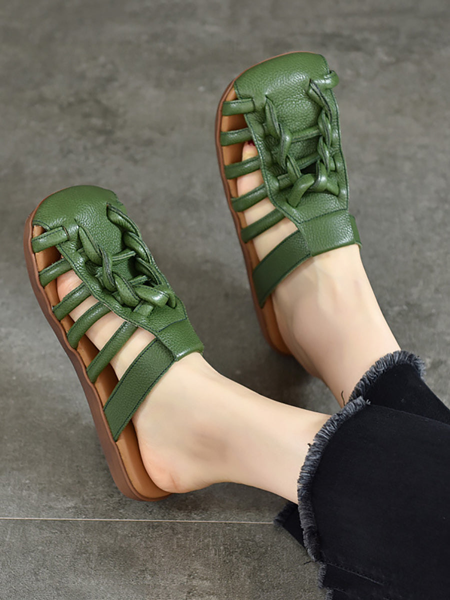 Women Summer Solid Leather Spliced Flat Slippers BN1002