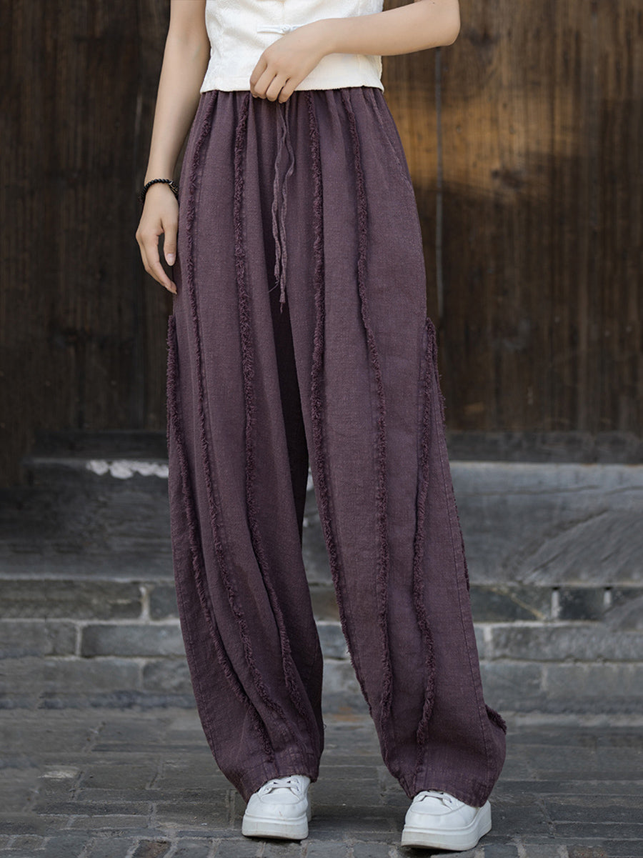 Women Ethnic Solid Raw-edge Wide-leg Ramie Pants FD053