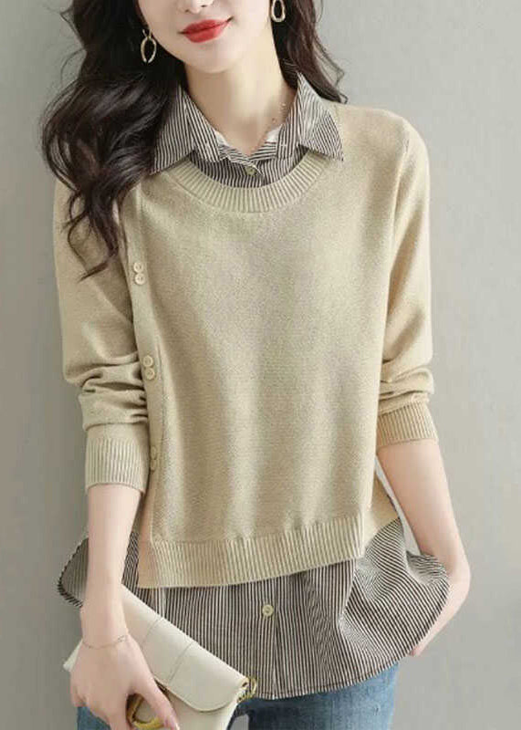 Natural Coffee Peter Pan Collar Patchwork Fake Two Pieces Wool Knit Shirt Fal WD038