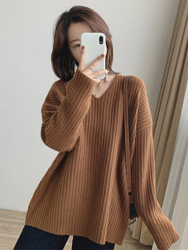 Vintage Caramel V-Neck Long Sleeves Striped Knit Sweater QX001