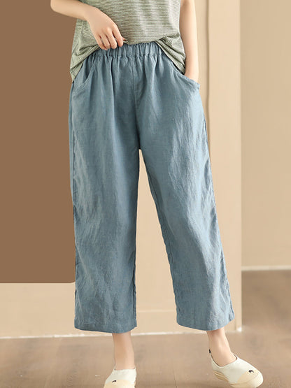 Pantalon large en lin uni vintage d'été pour femme AA1017