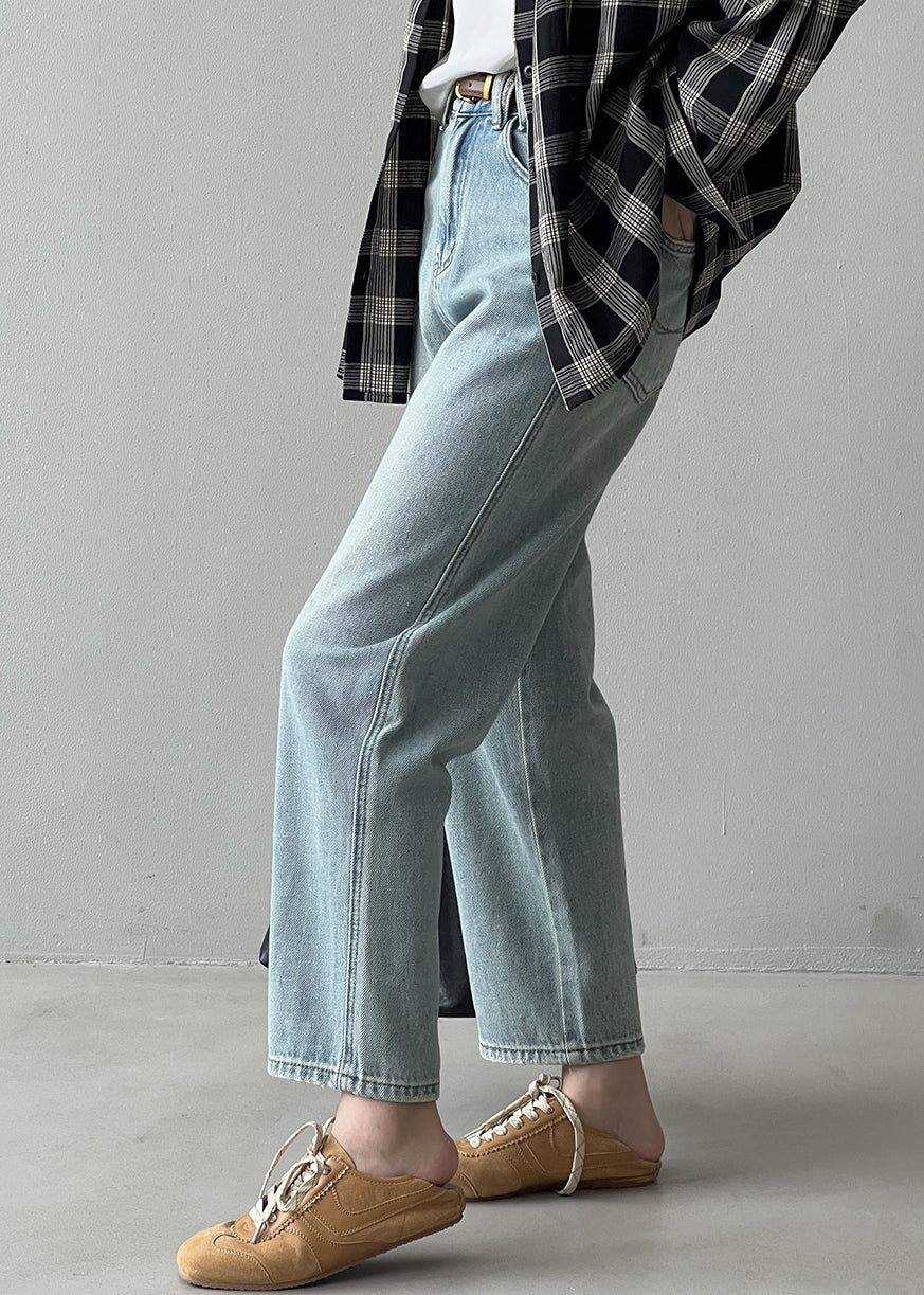 Simple Light Blue High Waist Pockets Denim Straight Pants Fall WD017