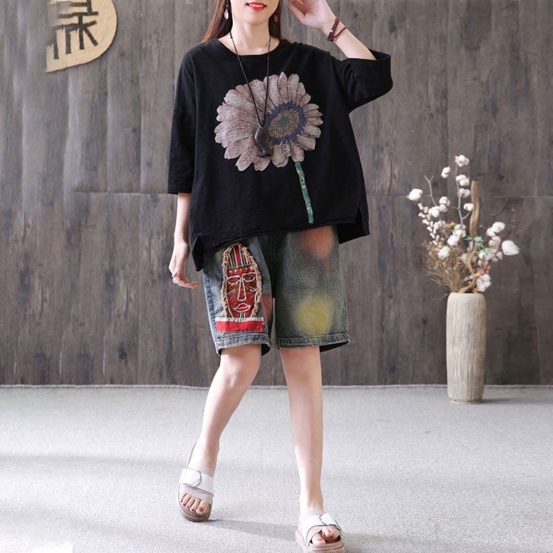 Plus Size Short Sleeve Sunflower Printed T-shirt QW1052