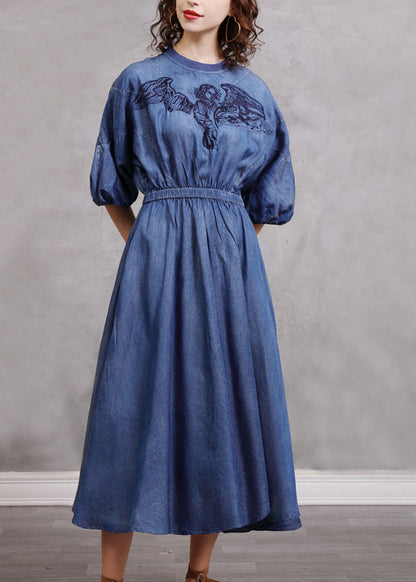 Robe longue en jean bleu vintage brodée à taille élastique et manches lanternes NN024 