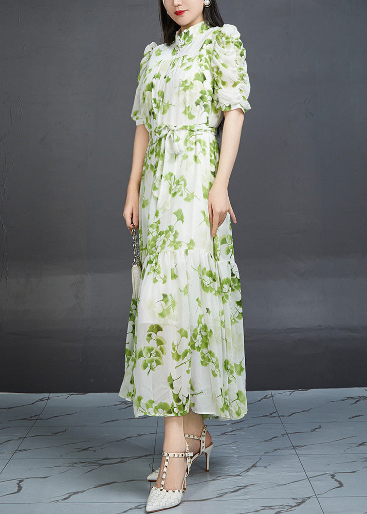 Bohemian Green Wrinkled Print Tie Waist Chiffon Dress Summer AJ1002