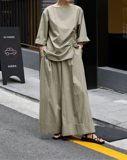 Lässiges Baumwolltop mit Kordelzugärmeln in Khaki, halb asymmetrisch 
