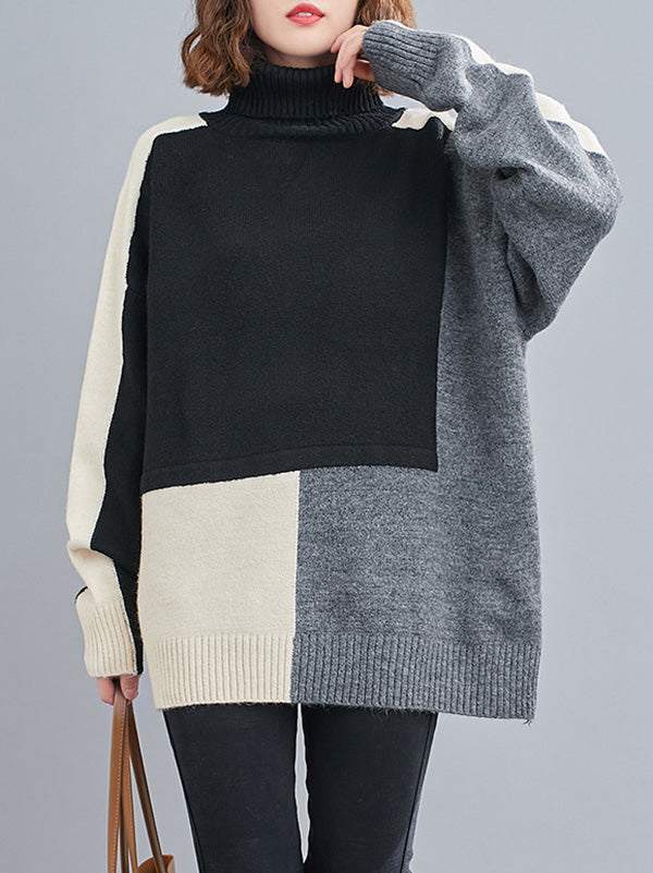 Stylish Grey High-Neck Color-block Long Sleeve Knit Sweater AN1043