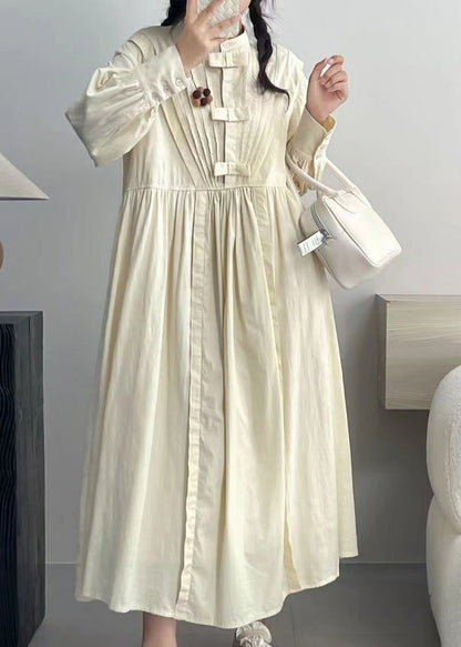 Robe élégante en coton beige froissé à manches longues NN028 