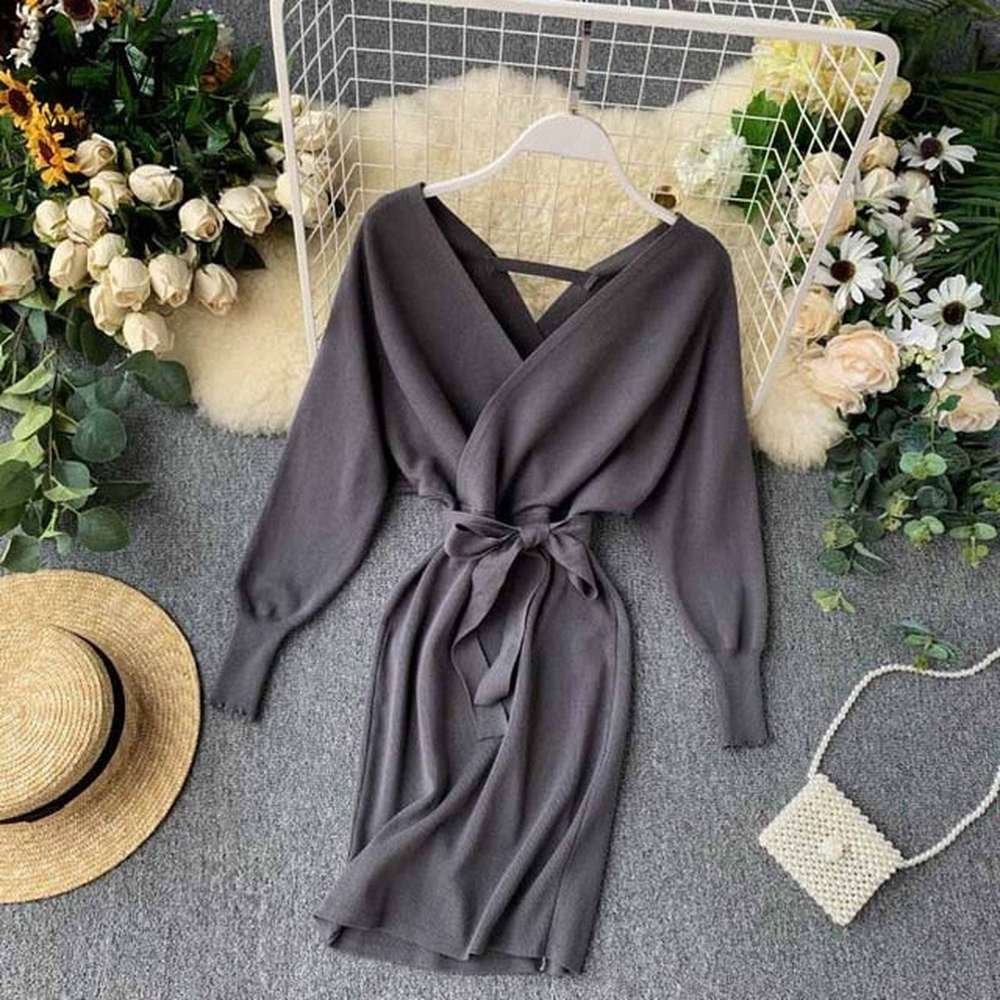 Elegant Beige V Neck Tie Waist Long Batwing Sleeve Dress AR1021