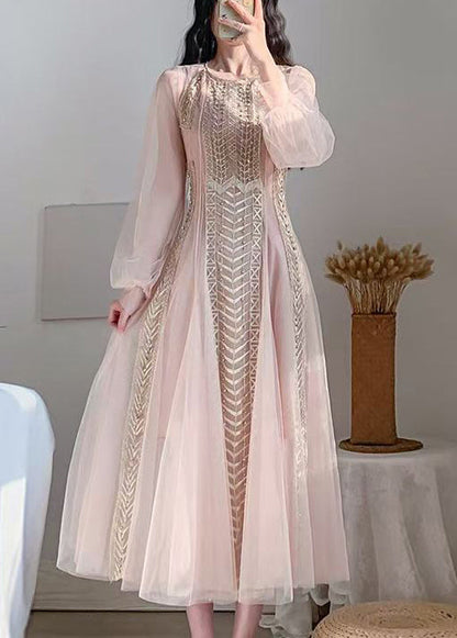 Robe à manches bouffantes en tulle et perles à ongles rose 2024 AZ1019 