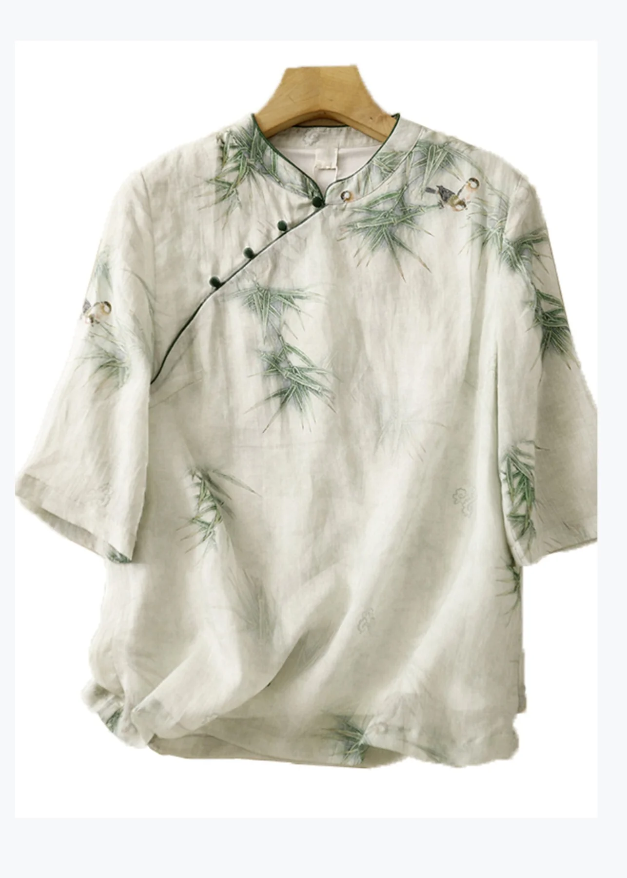 Grace Green Stand Collar Embroidered Linen Shirt Top Summer QR024