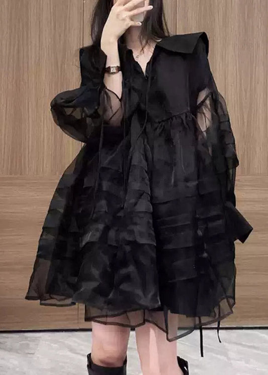 Langer Hals Mid V Kleider Französisch Tüll Patchwork Schwarz Ärmel