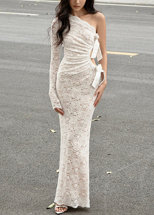 Out Kleid Maxi Hohl Weiß Chic Asymmetrische Spitze Frühling 