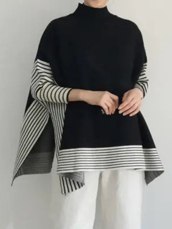 Design Loose High Neck Split-Side Striped Batwing Sleeve Sweater QX010