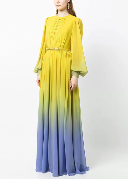 Kleid Herbst Knopf Chiffon Farbverlauf Faltig Farbe Knöchel Italienisch 
