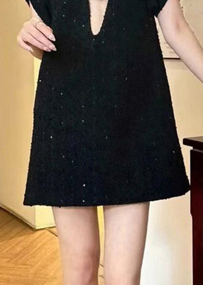 Robe mi-longue noire en coton avec col en V et zircons pour l'été QP034