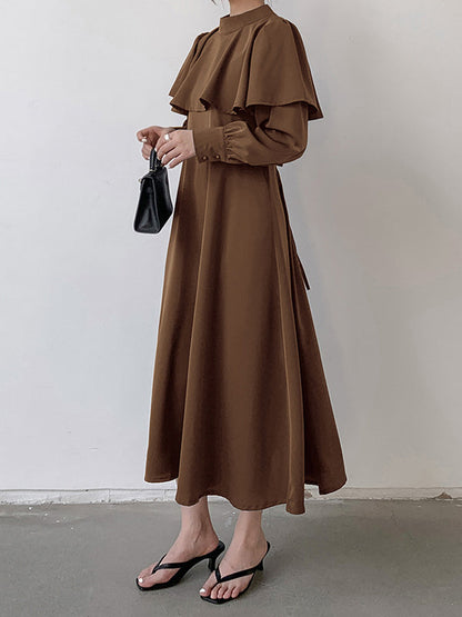 Robe trapèze longue à volants et col montant élégant, couleur café 