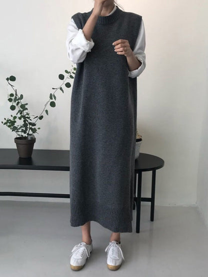 Robe en tricot sans manches à col rond noire urbaine QX017 