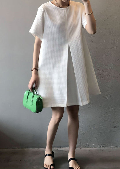 Robe mi-longue blanche en coton simple à col rond pour l'été AF1063 