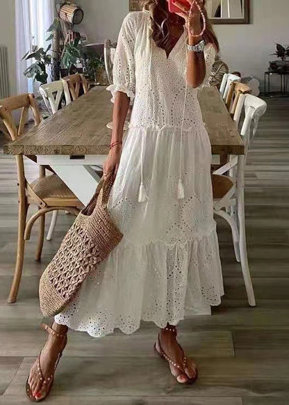 Baumwolle Rüschen Elegante Sommer Party Out Kleid Hohl Weiß 