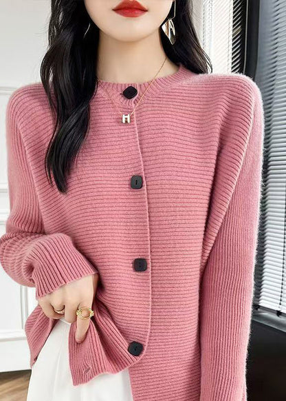 Cardigans en tricot de coton à boutons et col rond rose fin Automne QP046 