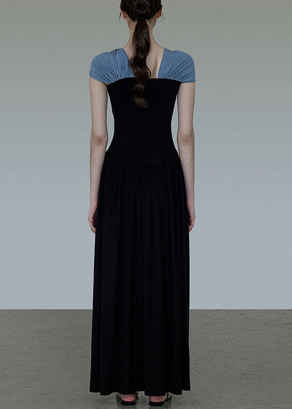 Kleid Lang Schwarz Patchwork Schrägstrich Faltenhals Original Baumwolle