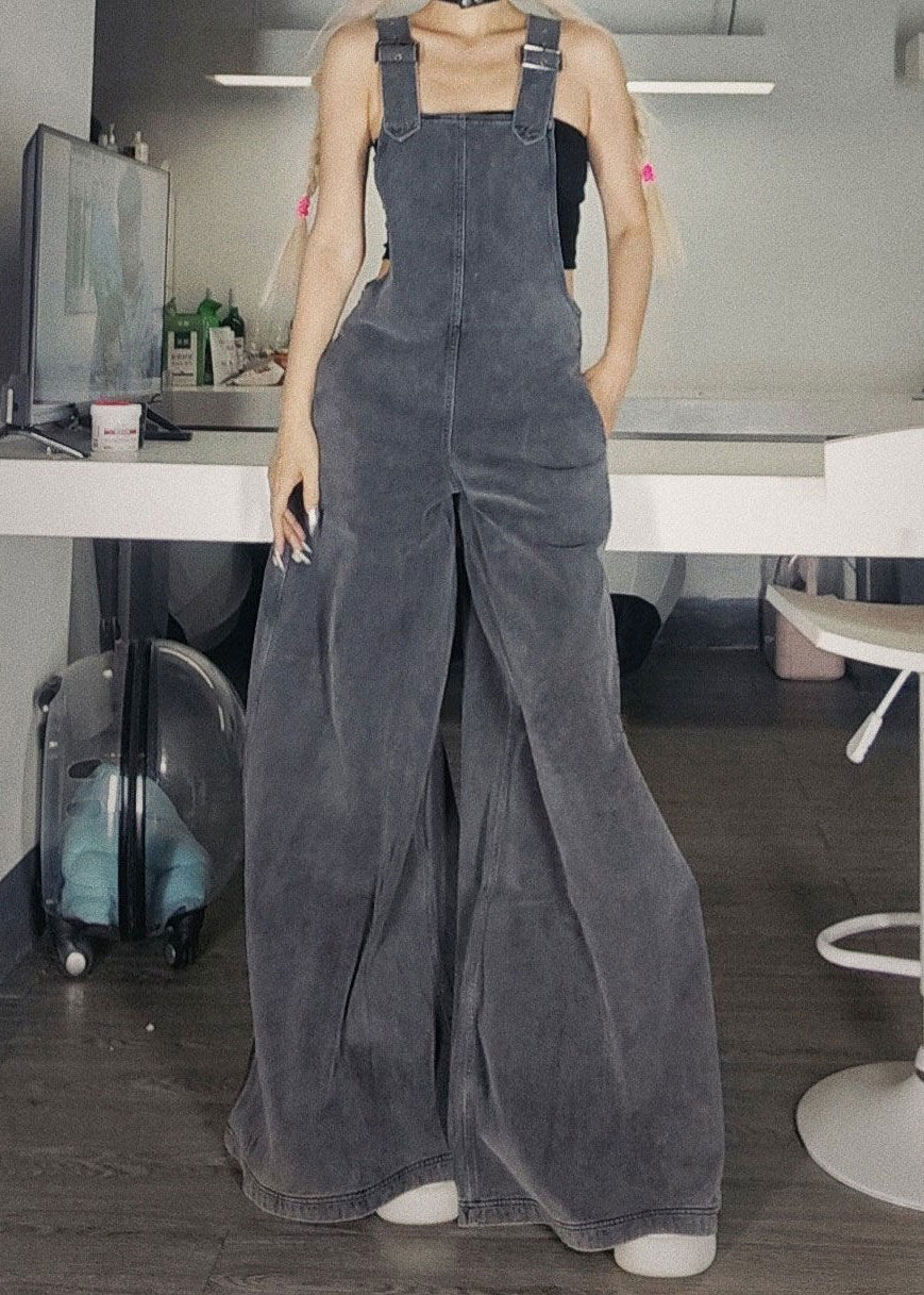 New Grey Zippered Pockets Denim Jumpsuit Sleeveless AZ1051