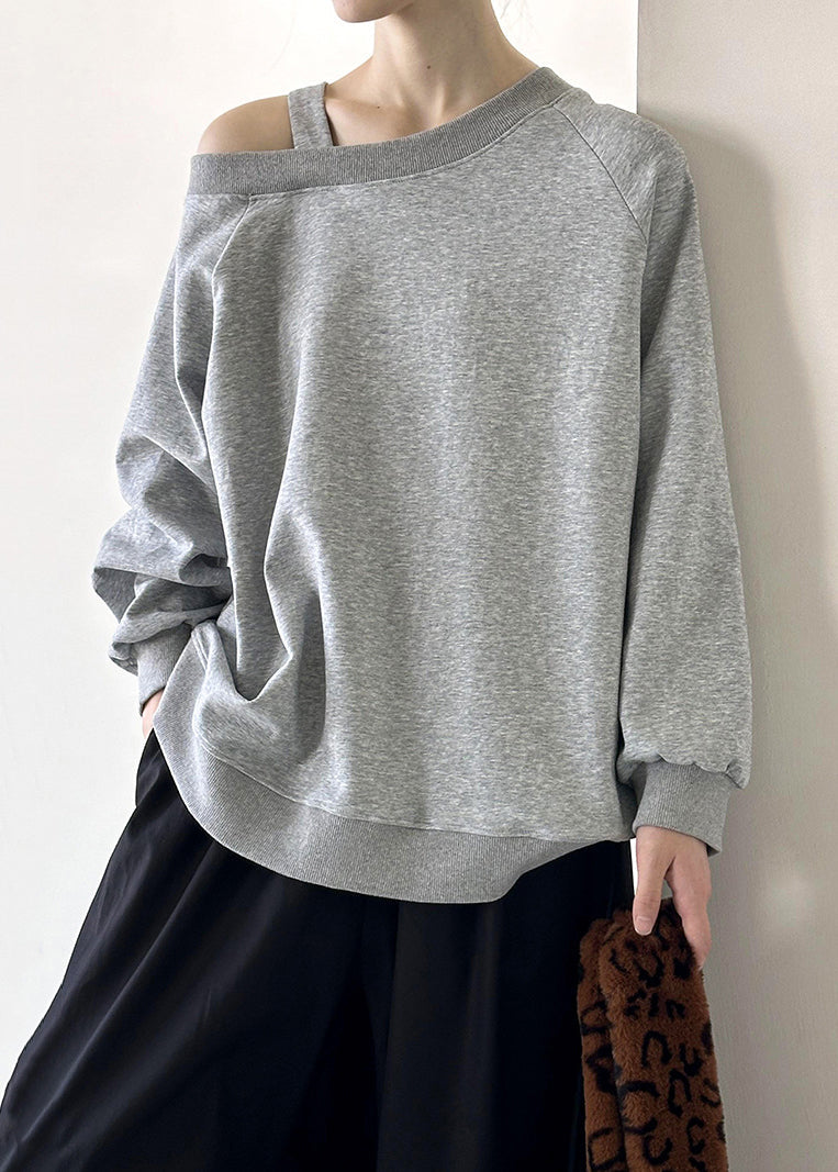 Grey Solid Cotton Top Asymmetrical Long Sleeve AF1078