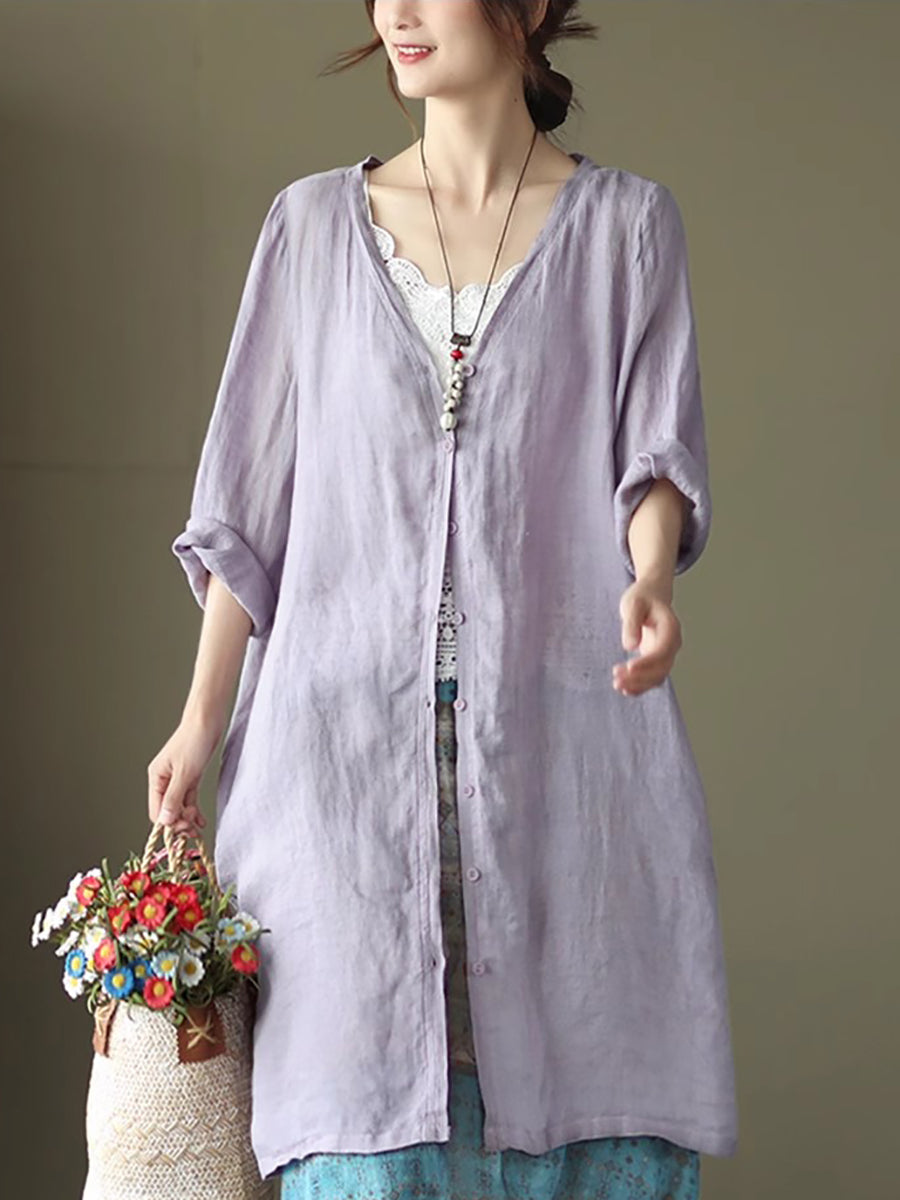 Women Summer Casual Solid Linen Button-up Long Shirt SC1033