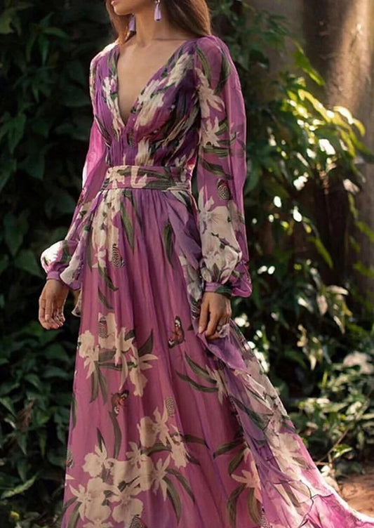 Floral Maxi V Muster Hals Elegante Kleid Schmetterling 
