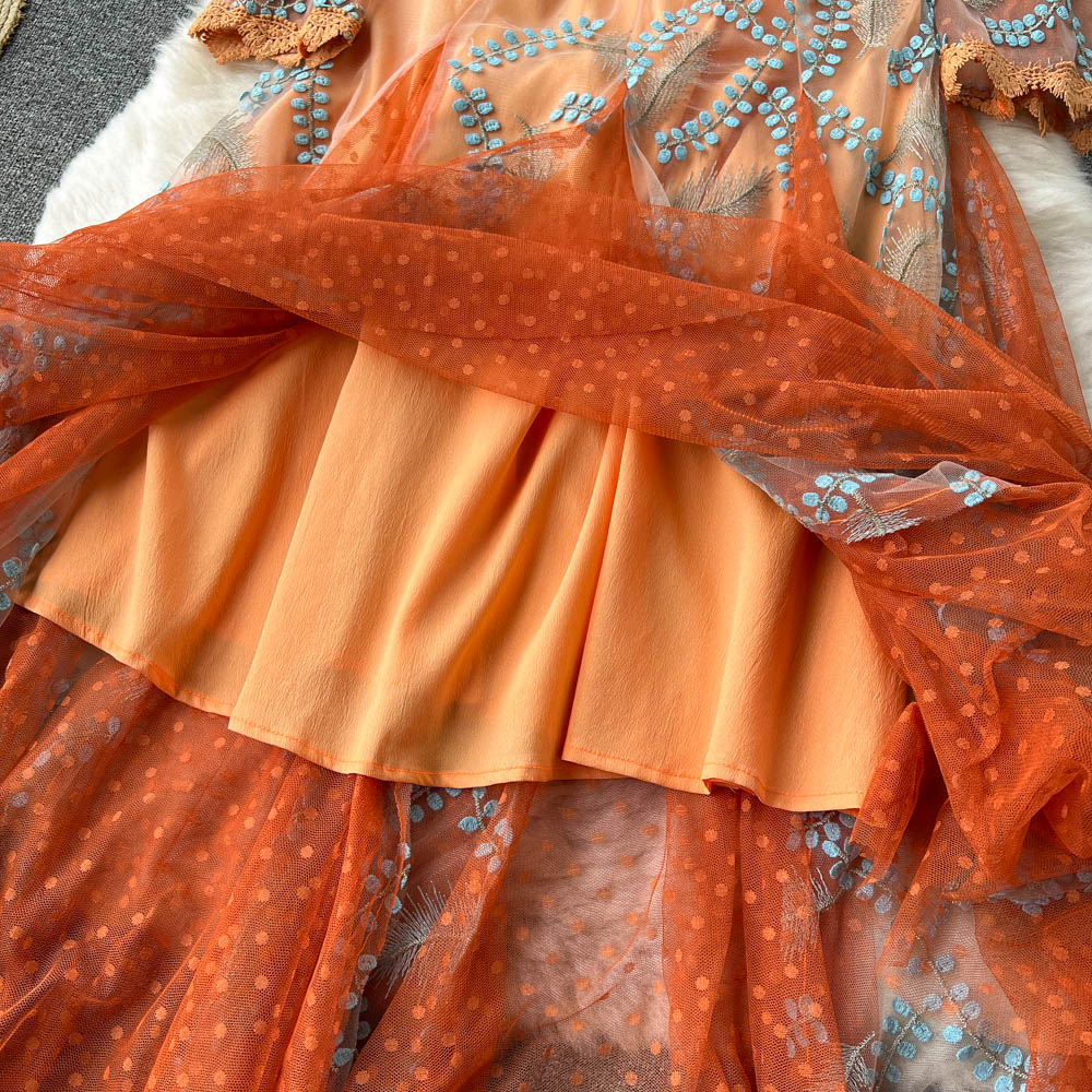 Italian Orange V-Neck Embroidery Tulle Long Sleeve Dress AR1005