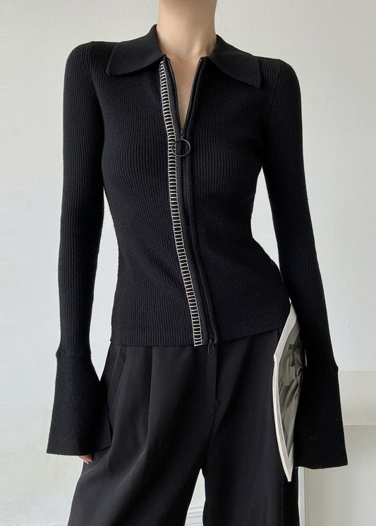 Pull en laine noir italien à col Peter Pan et fermeture éclair, style patchwork, hiver RV028 