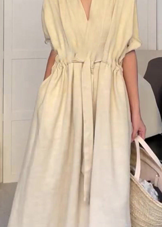 Modernes Sommerkleid aus Baumwolle in Beige mit V-Ausschnitt und Taschen 