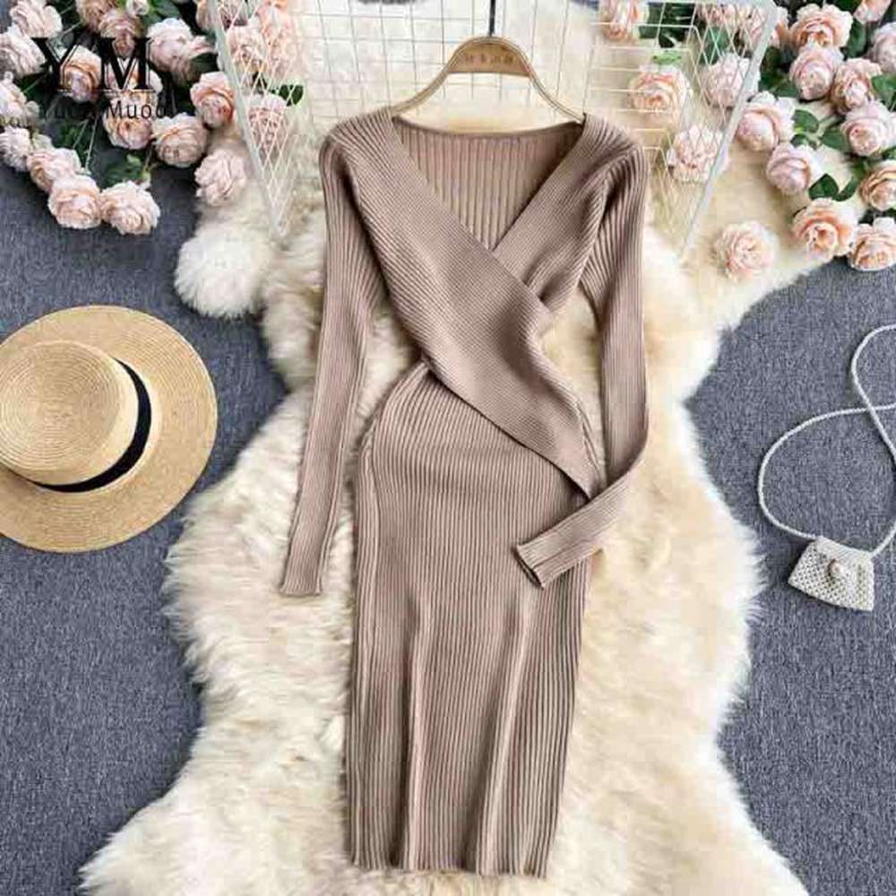 Sexy Pink V-neck Cross Slim Waist Long Sleeve Knit Sweater Dress AR1018