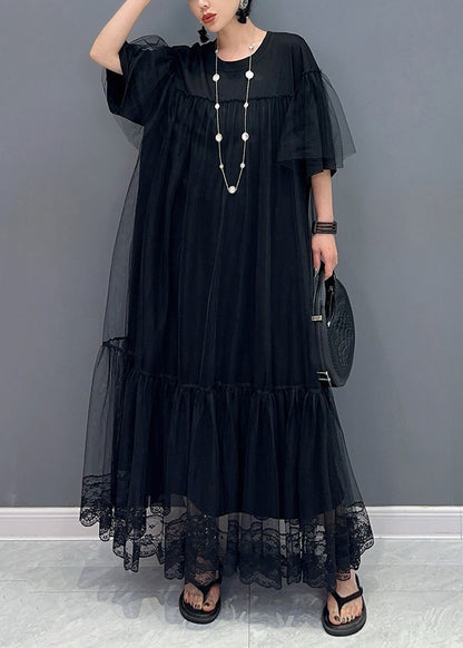 Robe noire en tulle plissé à col rond et patchwork grande taille pour l'été AO1070 