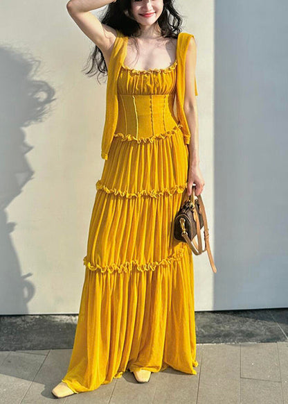 Yellow Ruffled New Cotton Dress Spaghetti Solid Strap Sleeveless