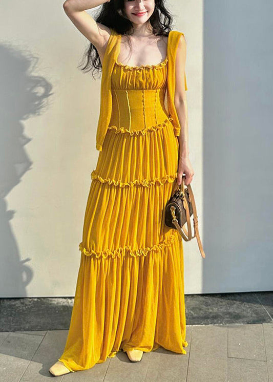 Yellow Ruffled New Cotton Dress Spaghetti Solid Strap Sleeveless