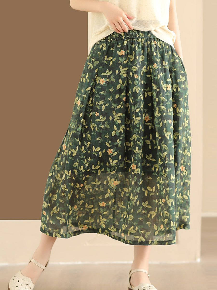 Women Artsy Summer Flower Ramie A-shape Skirt CO1025